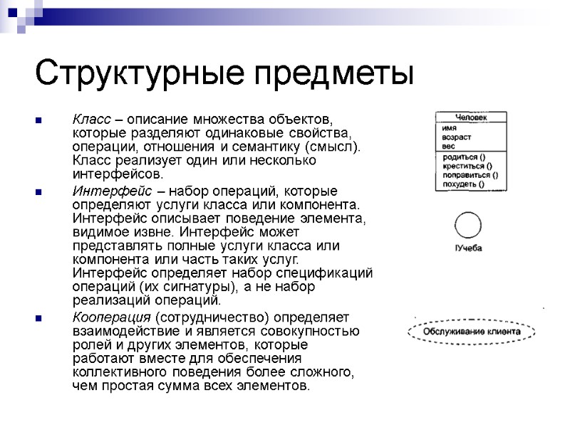 Структурные предметы Класс – описание множества объектов, которые разделяют одинаковые свойства, операции, отношения и Структурные предметы Класс – описание множества объектов, которые разделяют одинаковые свойства, операции, отношения и